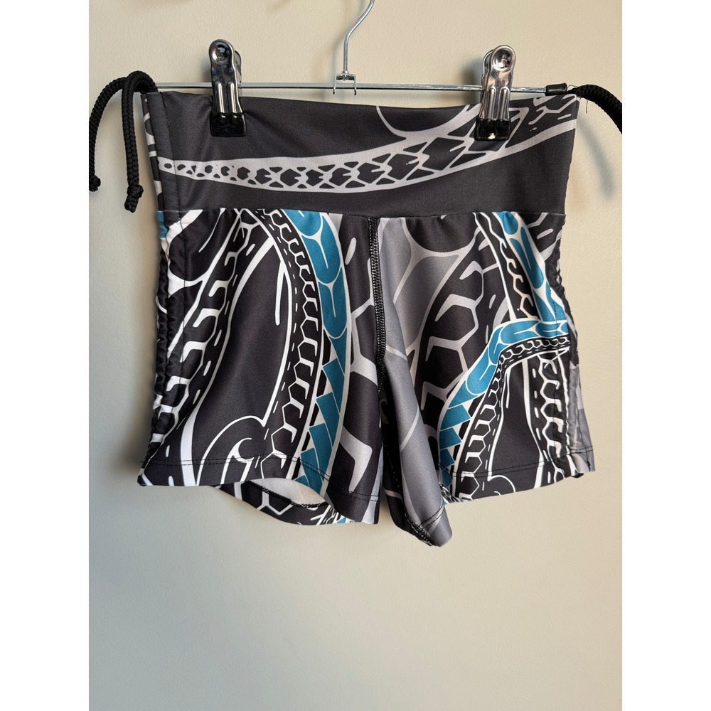 NoMiNoU Activewear Tribal Print Drawstring Side Athletic Shorts Black Blue XS